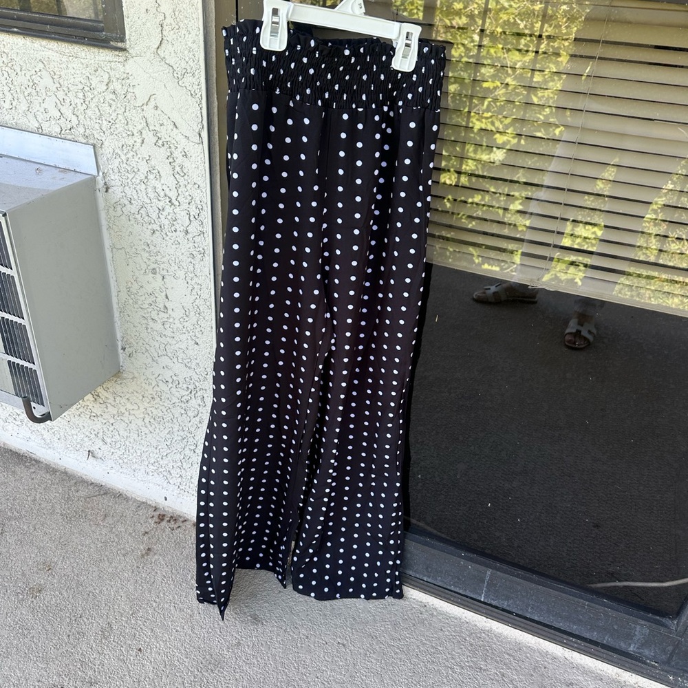Black White Polka Dot Wide Leg Pants – High Waist Smocked Waistband - Picture 5 of 10